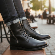 model-sitting-bench - Men's Black Leather Zipper Ankle Boots with Lace-Up Detail