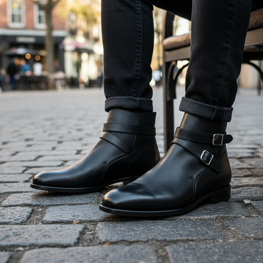 Men's Black Monk Strap Leather Jodhpurs Boots - model-sitting-bench