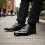 model-sitting-bench - Men's Black Ostrich Leather Oxford Shoes
