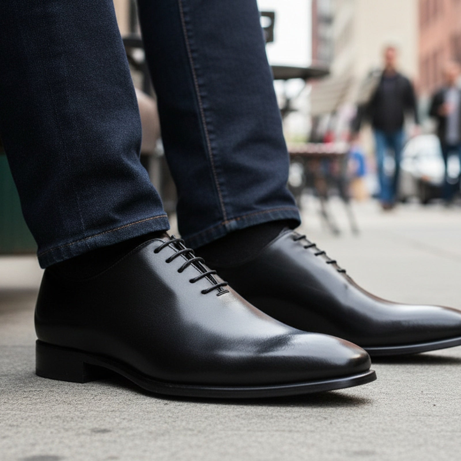 Men's Black Oxford Leather Dress Shoes - model-sitting-bench