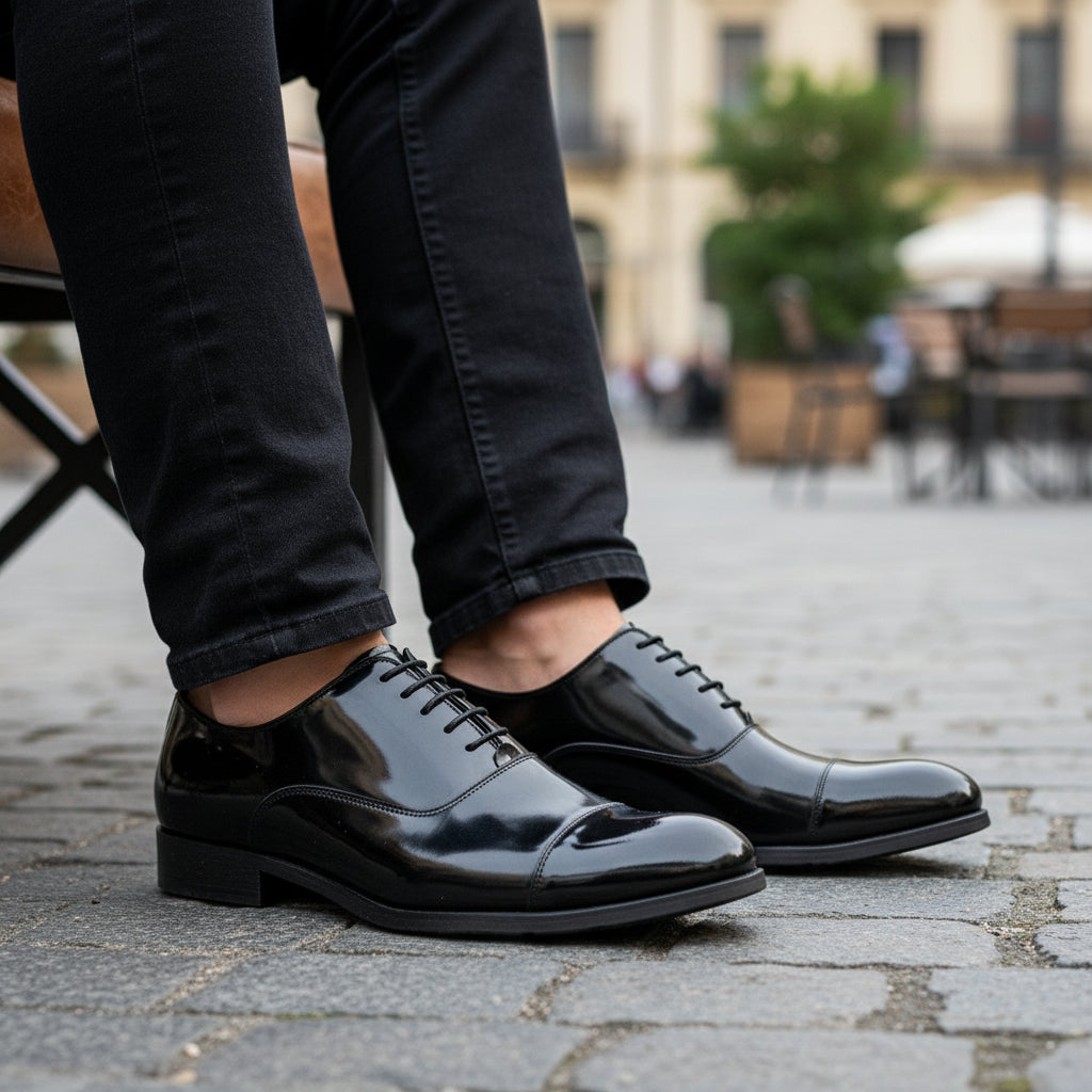 model-sitting-bench - Men's Black Patent Leather Formal Dress Shoes