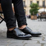 model-sitting-bench - Men's Black Patent Leather Formal Dress Shoes