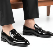 Men's Black Patent Leather Monk Shoes - model-sitting-bench