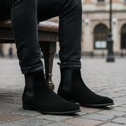 model-sitting-bench - Men's Black Suede Chelsea Ankle Boots