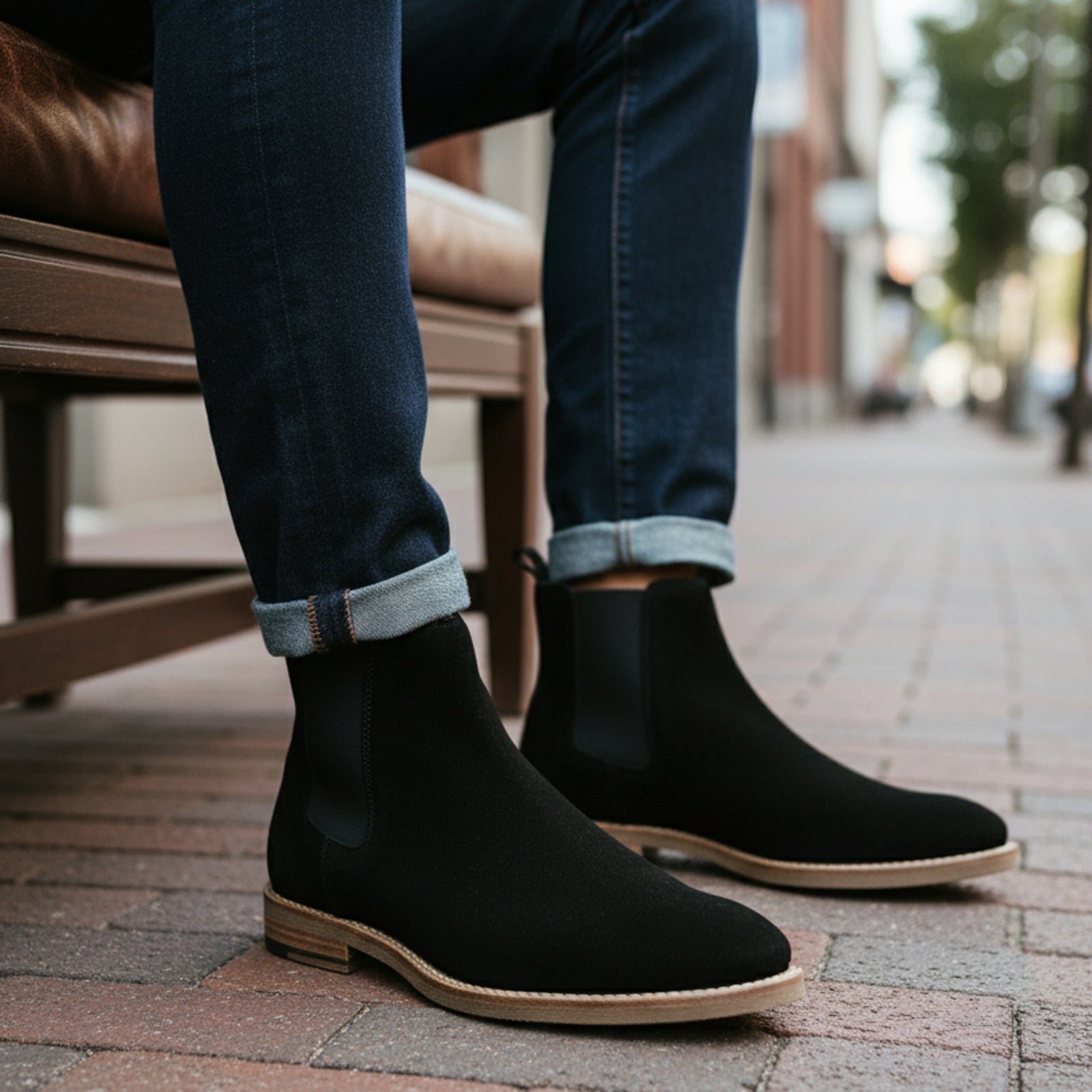 model-sitting-bench - Men's Black Suede Chelsea Boots
