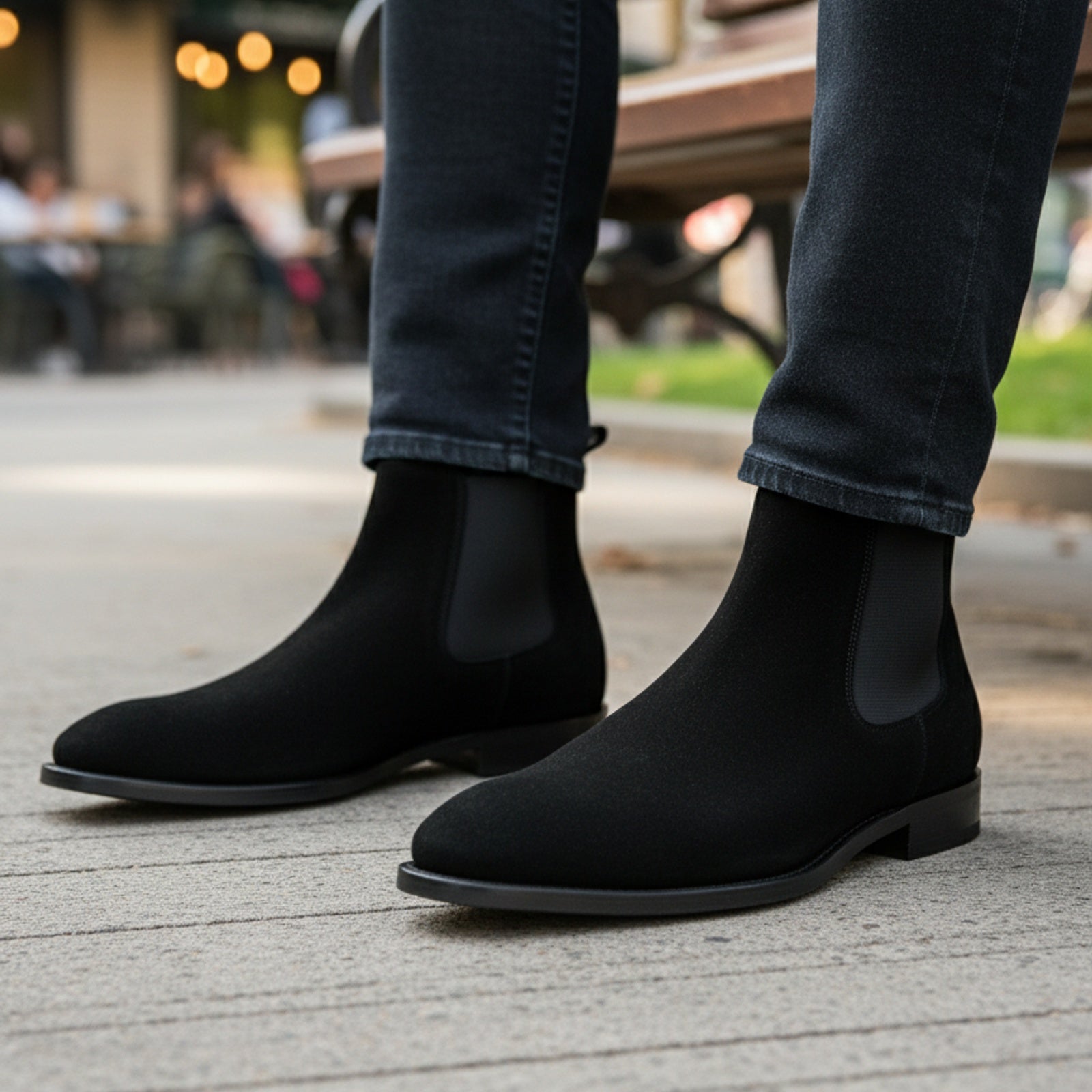 model-sitting-bench - Men's Black Suede Chelsea Boots
