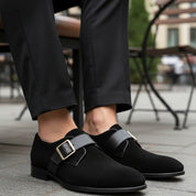 model-sitting-bench - Men's Black Suede Dress Shoes with Buckle Detail
