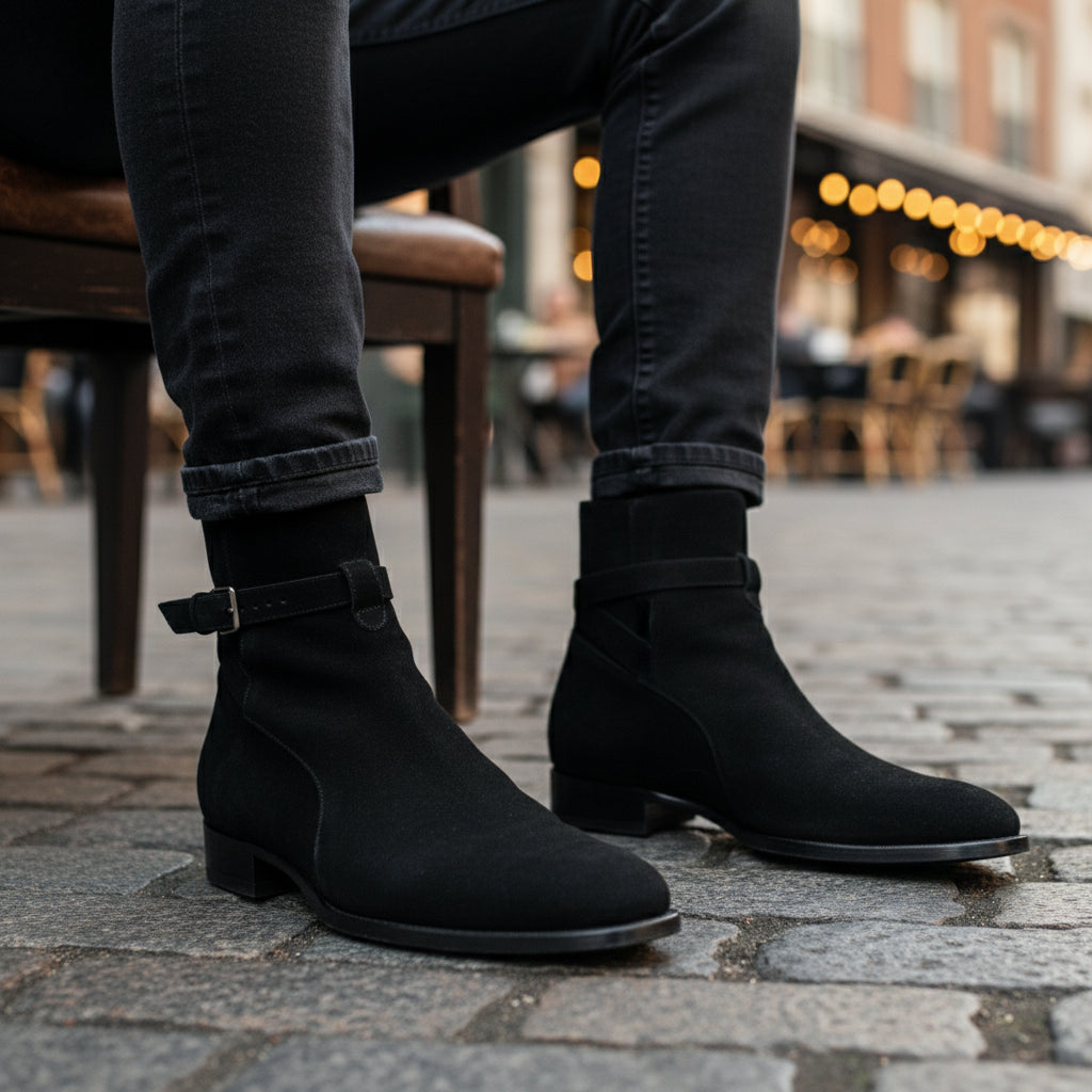Men's Black Suede Jodhpurs Ankle Boots - model-sitting-bench