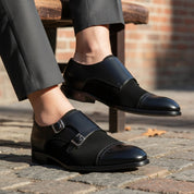 model-sitting-bench - Men's Black Suede & Leather Buckle Dress Shoes