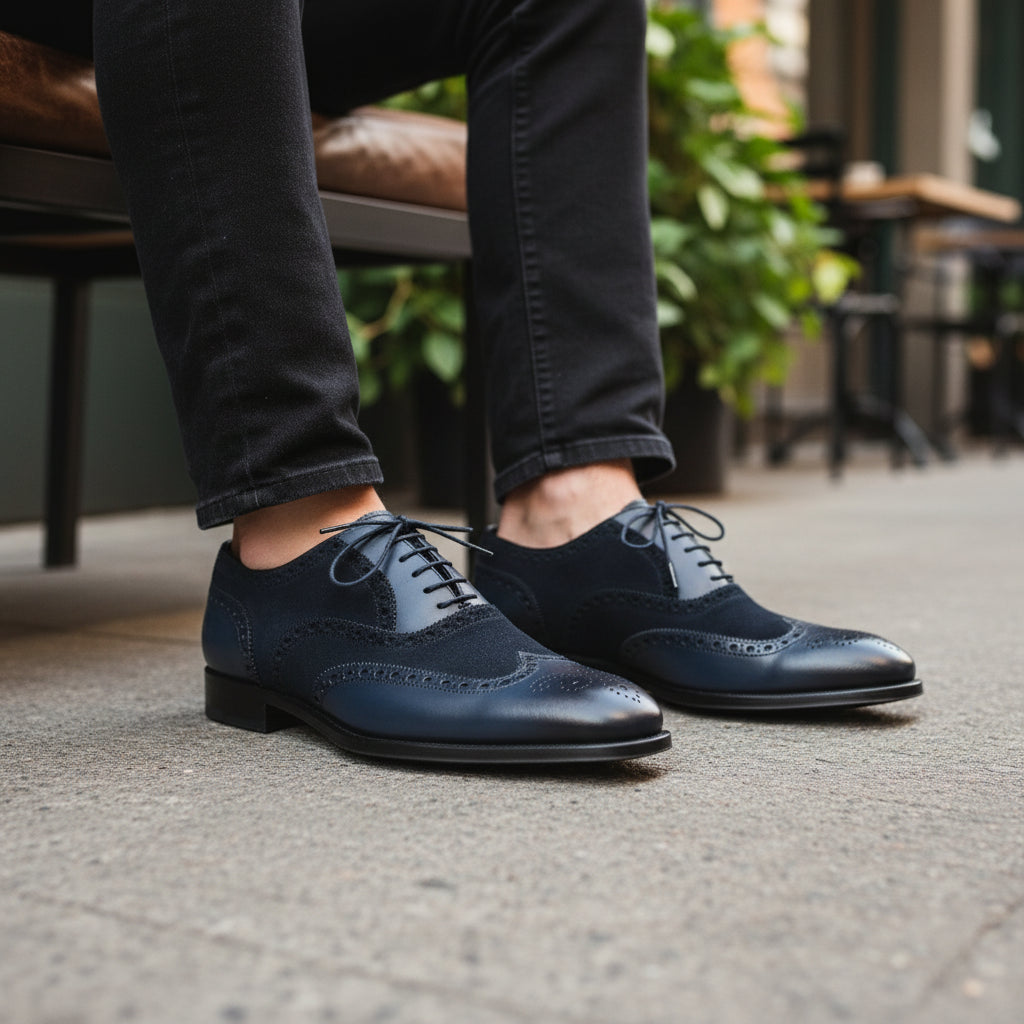 Men's Black Suede & Leather Wingtip Shoes - model-sitting-bench