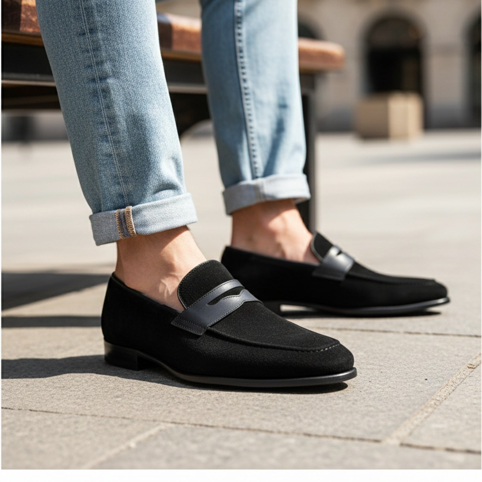 model-sitting-bench - Men's Black Suede Moccasin Shoes
