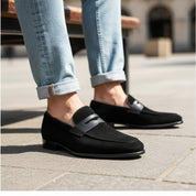 model-sitting-bench - Men's Black Suede Moccasin Shoes