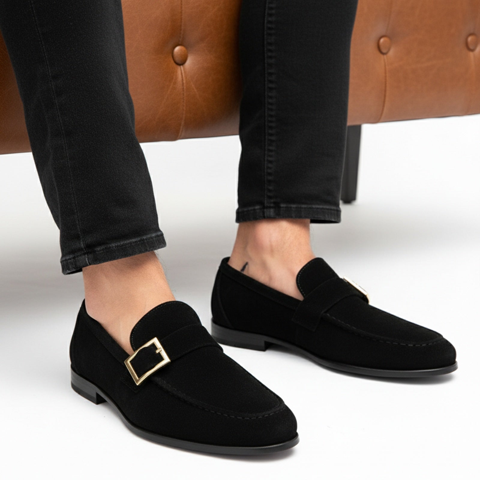 model-sitting-bench - Men's Black Suede Monk Shoes