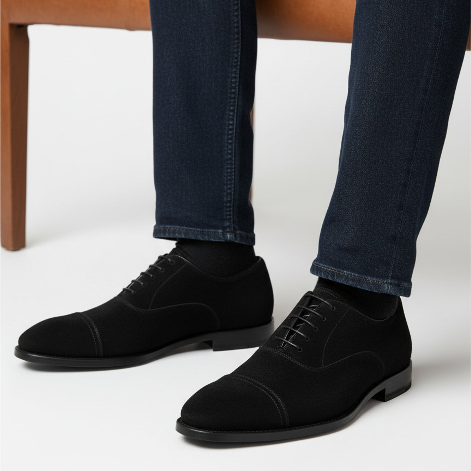 model-sitting-bench - Men's Black Suede Oxford Dress Shoes