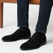model-sitting-bench - Men's Black Suede Oxford Dress Shoes