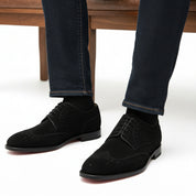model-sitting-bench - Men's Black Suede Oxford Dress Shoes