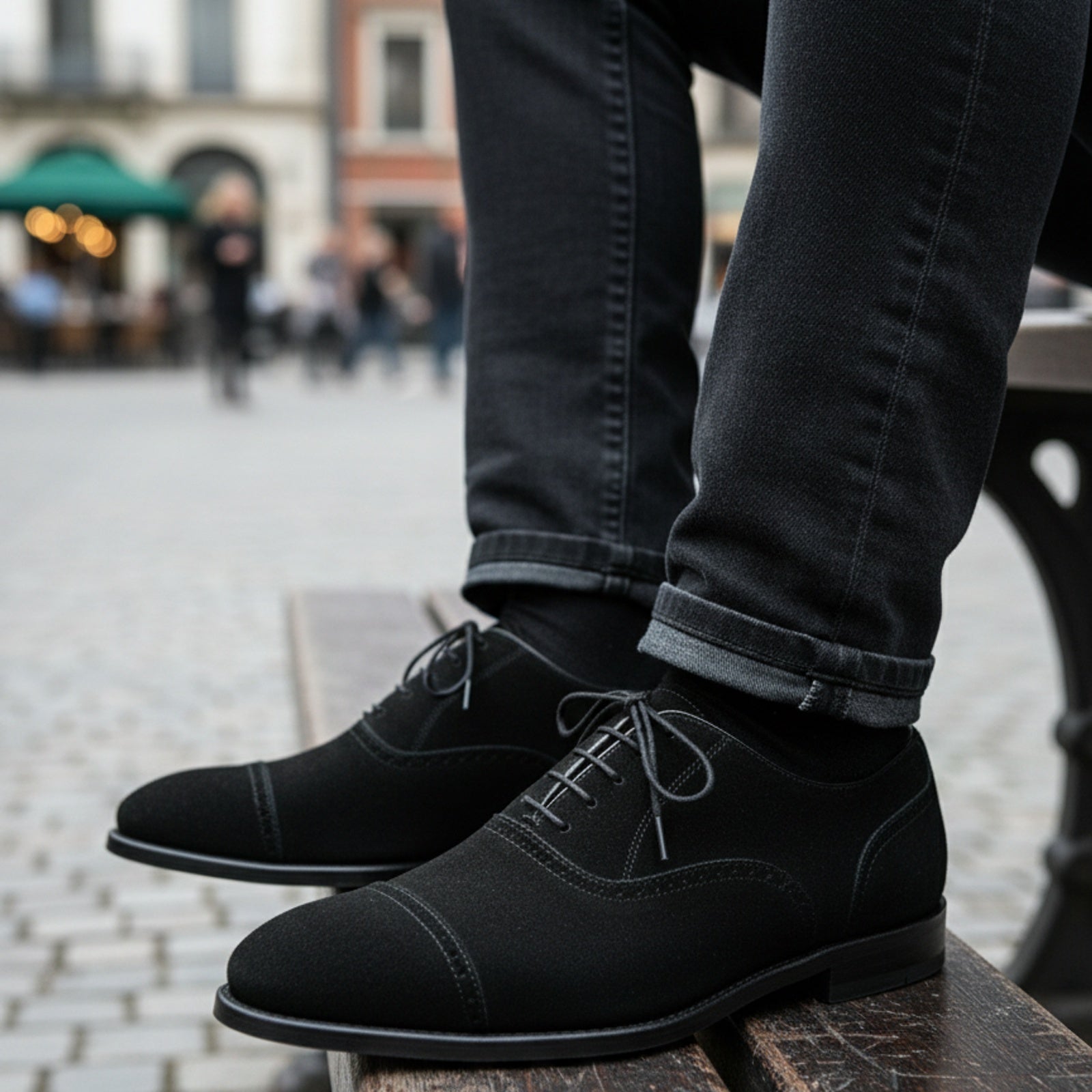model-sitting-bench - Men's Black Suede Oxford Dress Shoes