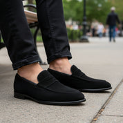 model-sitting-bench - Men's Black Suede Penny Loafer Shoes