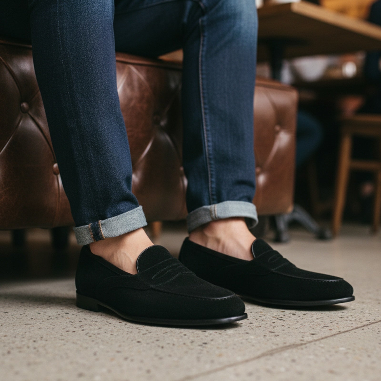 model-sitting-bench - Men's Black Suede Penny Loafers