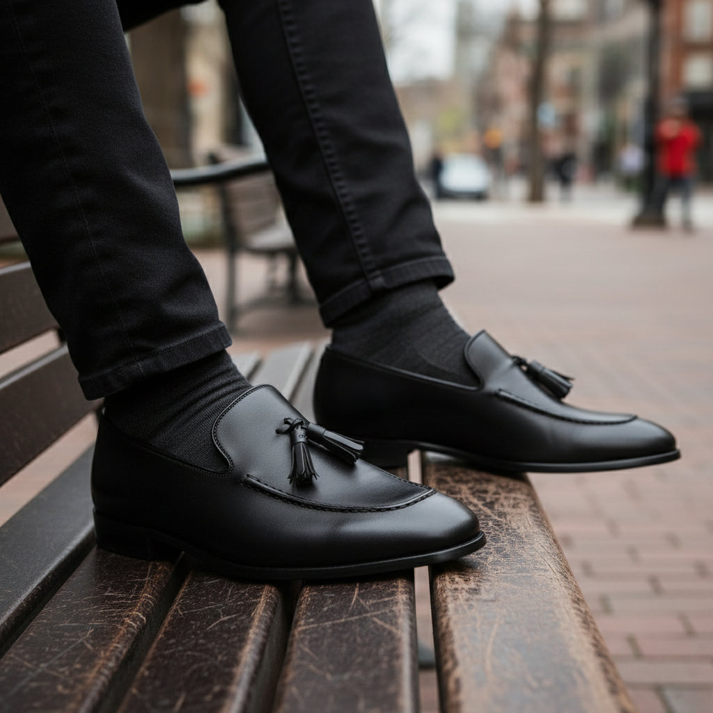 model-sitting-bench - Men's Black Tassel Leather Moccasins