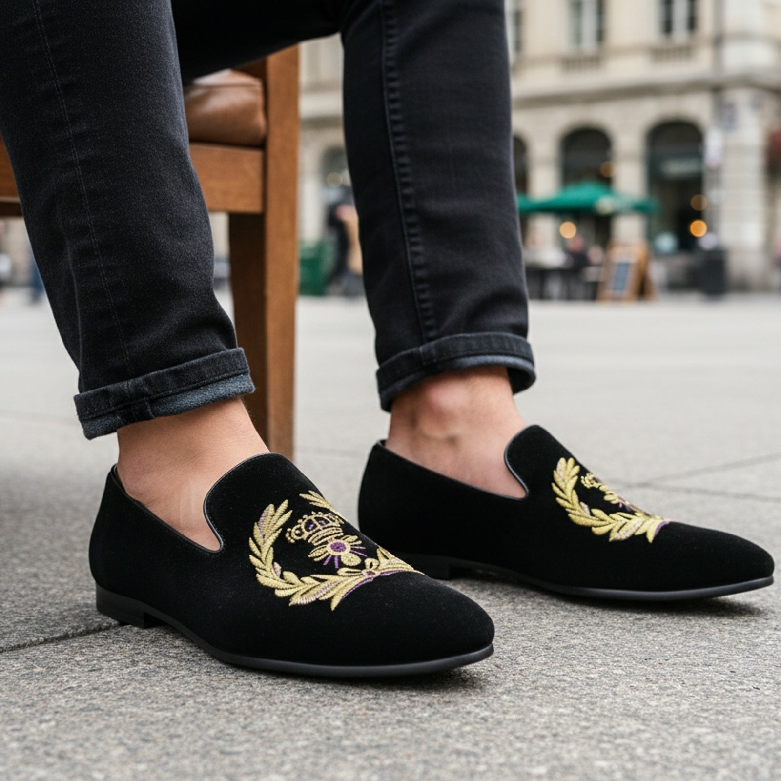 model-sitting-bench - Men's Black Velvet Embroidered Loafers