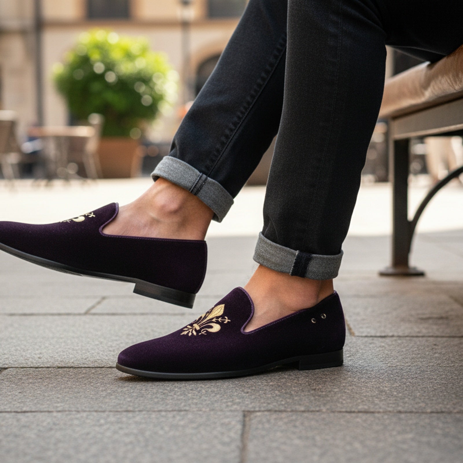 model-sitting-bench - Men's Black Velvet Loafers with Leather Details