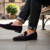 model-sitting-bench - Men's Black Velvet Loafers with Leather Details