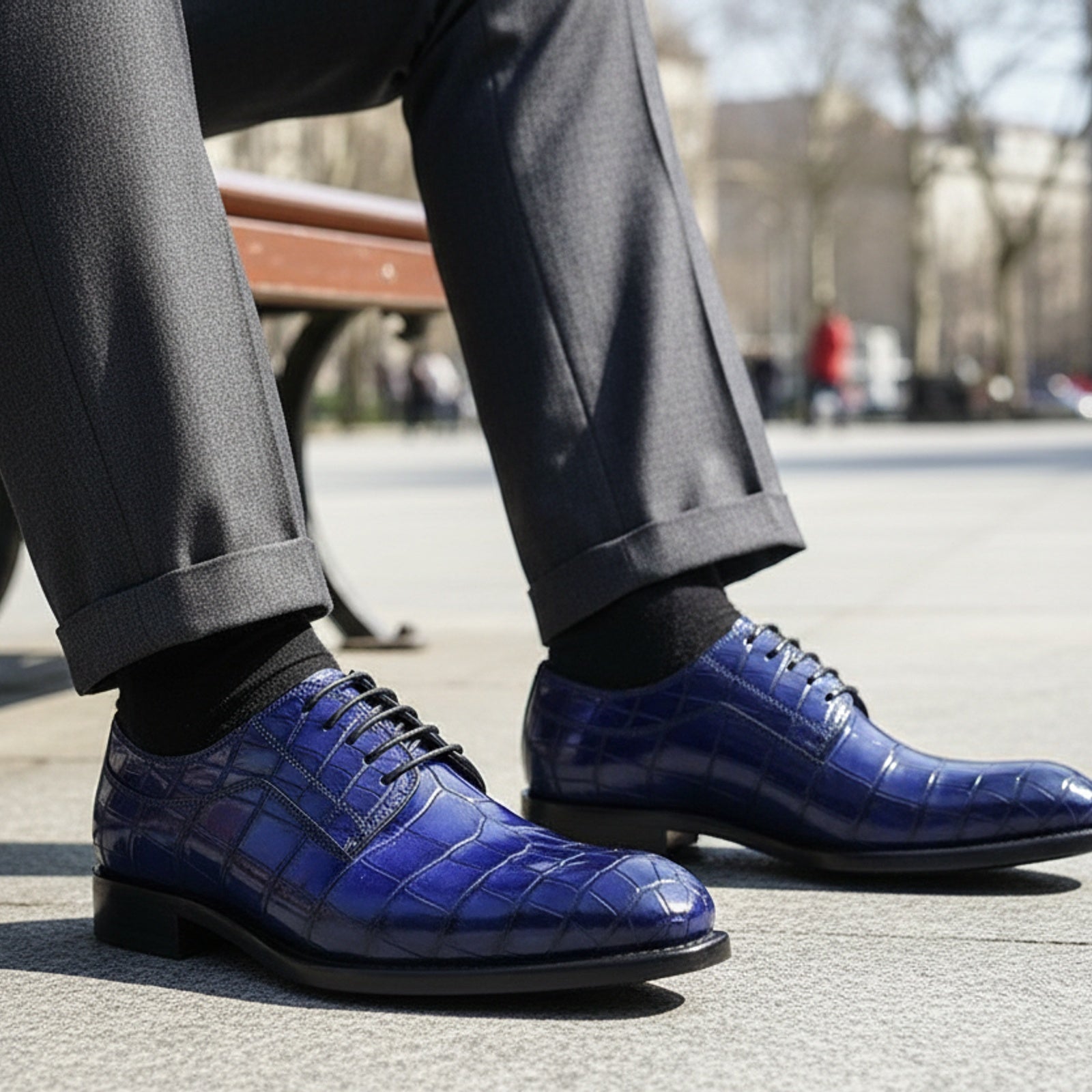 model-sitting-bench - Men's Blue Alligator Leather Shoes with Goodyear Welted Sole