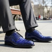 model-sitting-bench - Men's Blue Alligator Leather Shoes with Goodyear Welted Sole