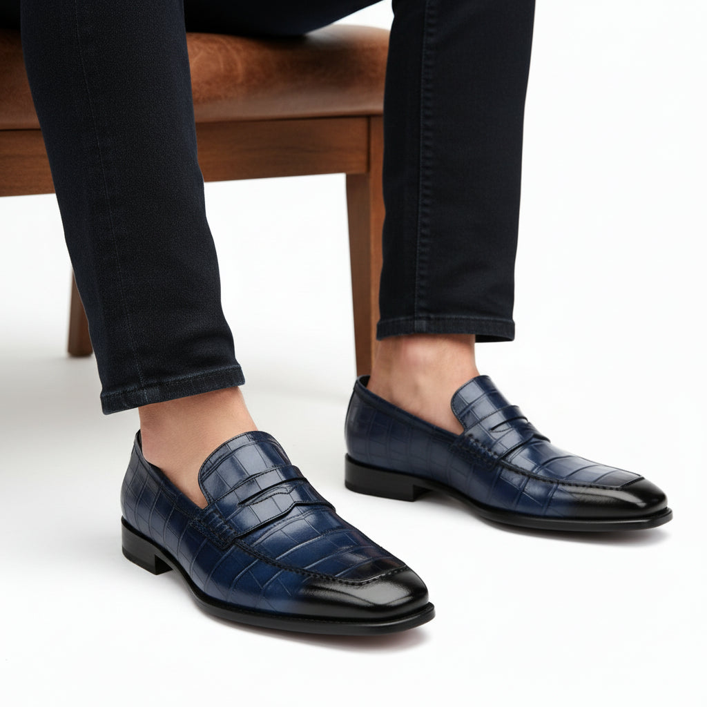 model-sitting-bench - Men's Blue Alligator Print Leather Dress Loafers
