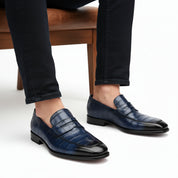 model-sitting-bench - Men's Blue Alligator Print Leather Dress Loafers