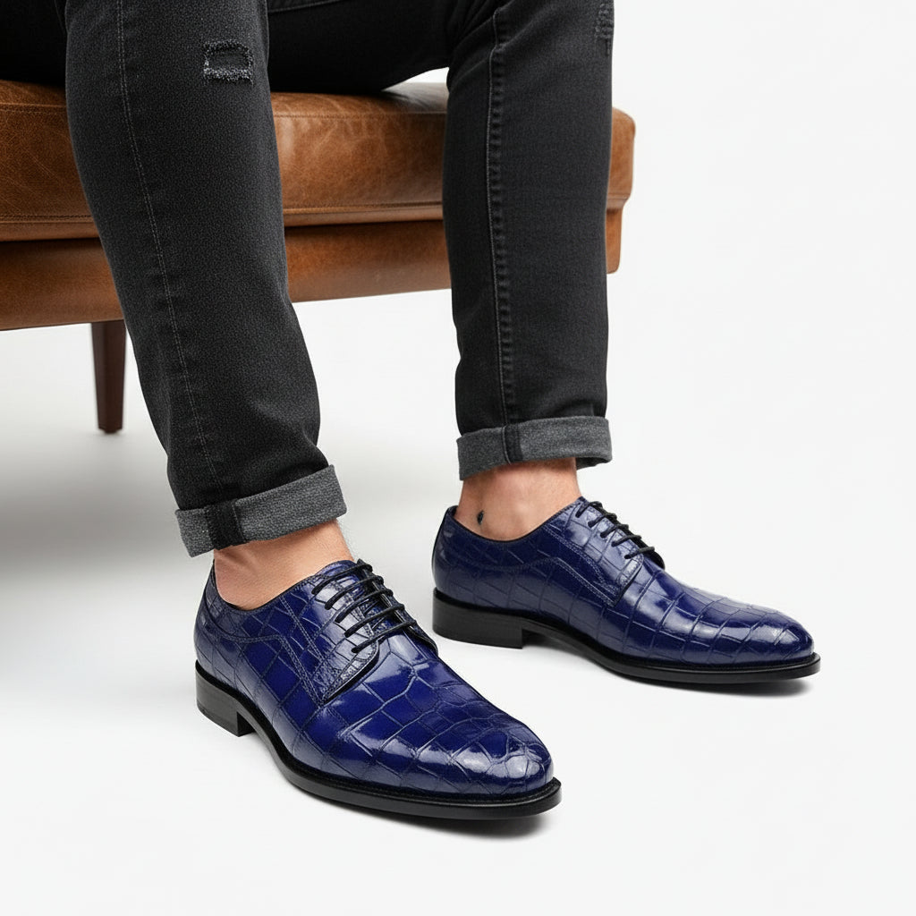 model-sitting-bench - Men's Blue Crocodile Embossed Leather Oxford Shoes
