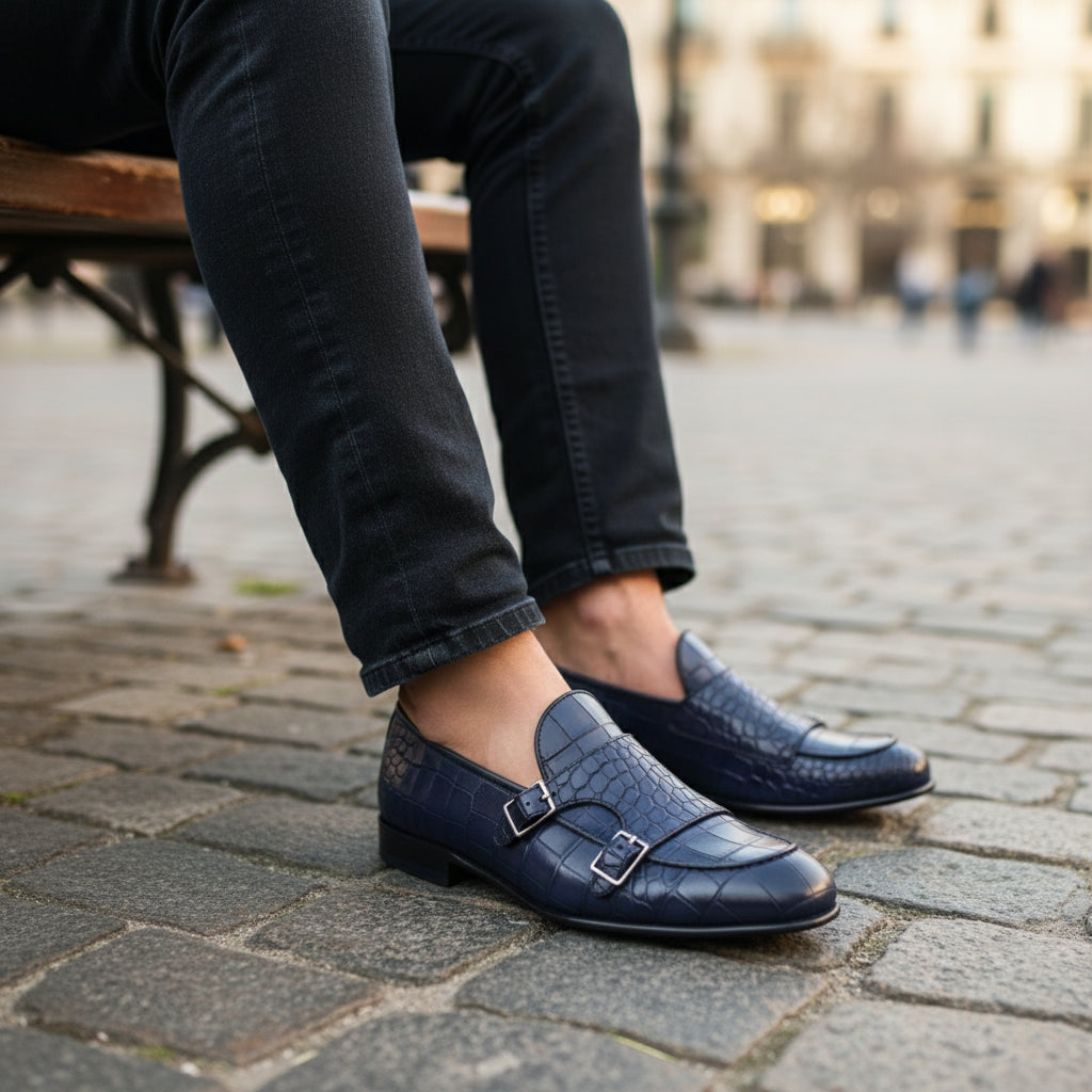Men's Blue Crocodile Monk Strap Leather Shoes - model-sitting-bench
