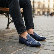 Men's Blue Crocodile Monk Strap Leather Shoes - model-sitting-bench