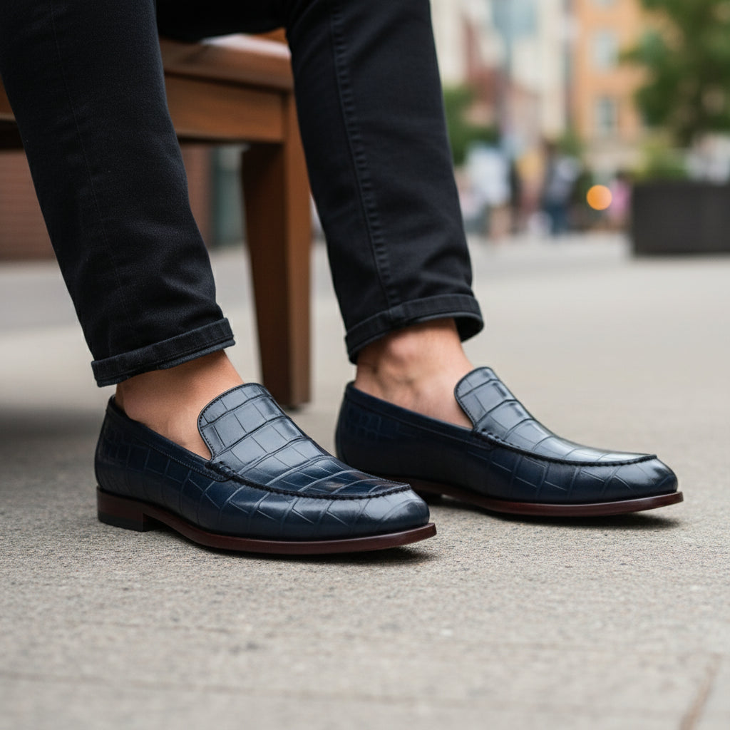Men's Blue Crocodile Patterned Leather Dress Shoes - model-sitting-bench