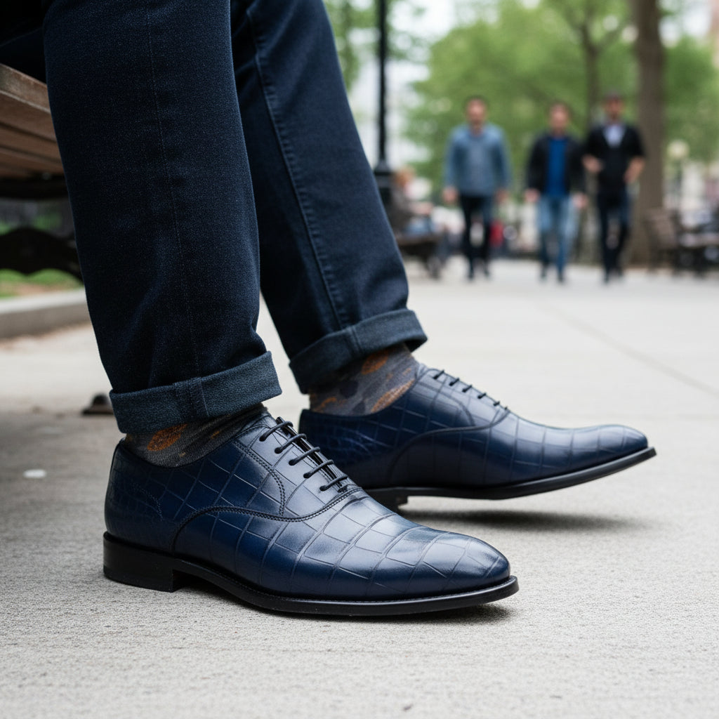 Men's Blue Lace-Up Crocodile Patterned Leather Shoes - model-sitting-bench