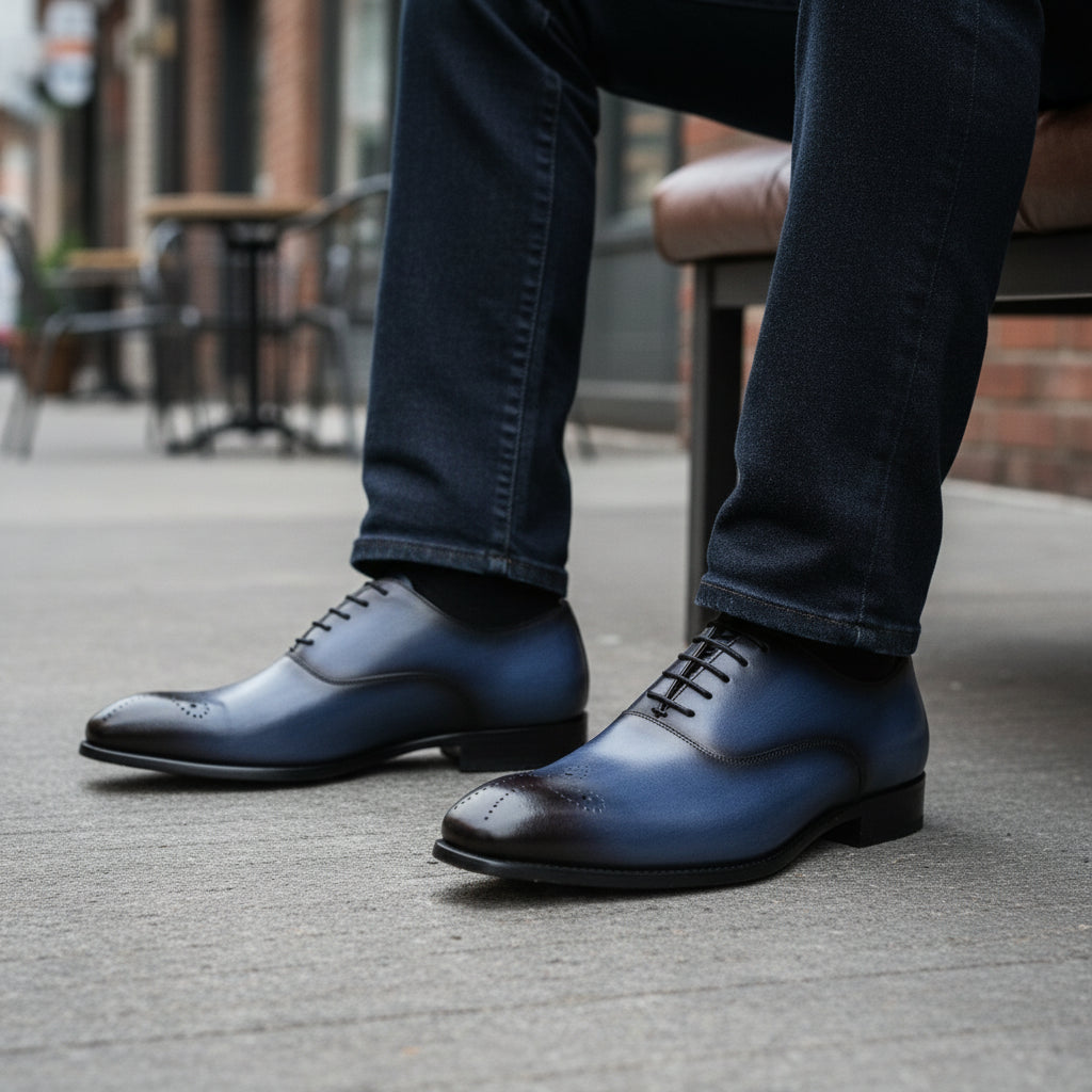 model-sitting-bench - Men's Blue Leather Brogue Dress Shoes