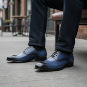 model-sitting-bench - Men's Blue Leather Brogue Dress Shoes