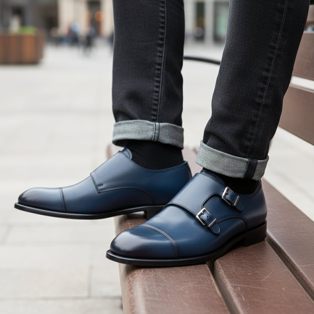 model-sitting-bench - Men's Blue Leather Double Buckle Dress Shoes