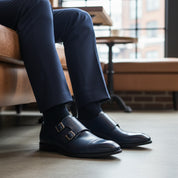 model-sitting-bench - Men's Blue Leather Double Monk Strap Dress Shoes