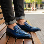 model-sitting-bench - Men's Blue Leather Moccasins with Crocodile Embossing
