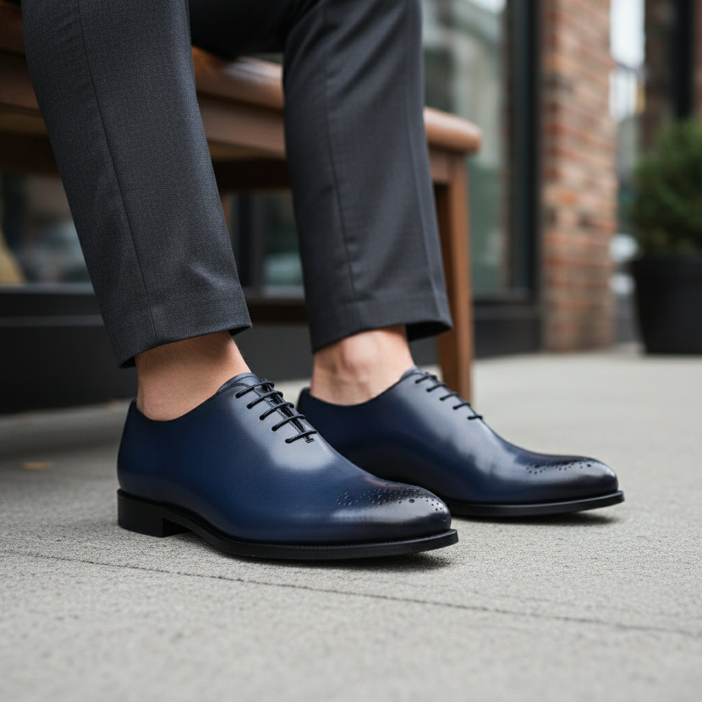 model-sitting-bench - Men's Blue Leather Oxford Brogue Shoes