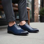 model-sitting-bench - Men's Blue Leather Oxford Brogue Shoes