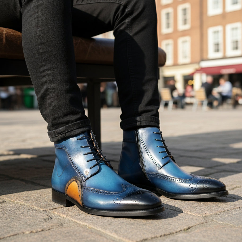 model-sitting-bench - Men's Blue Leather Wing Tip Brogue Boots
