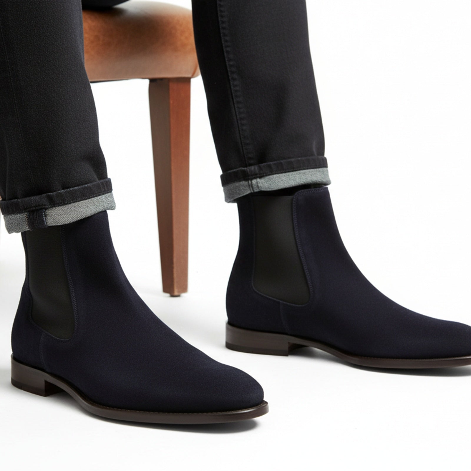 model-sitting-bench - Men's Blue Suede Chelsea Boots