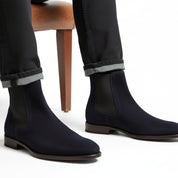 model-sitting-bench - Men's Blue Suede Chelsea Boots