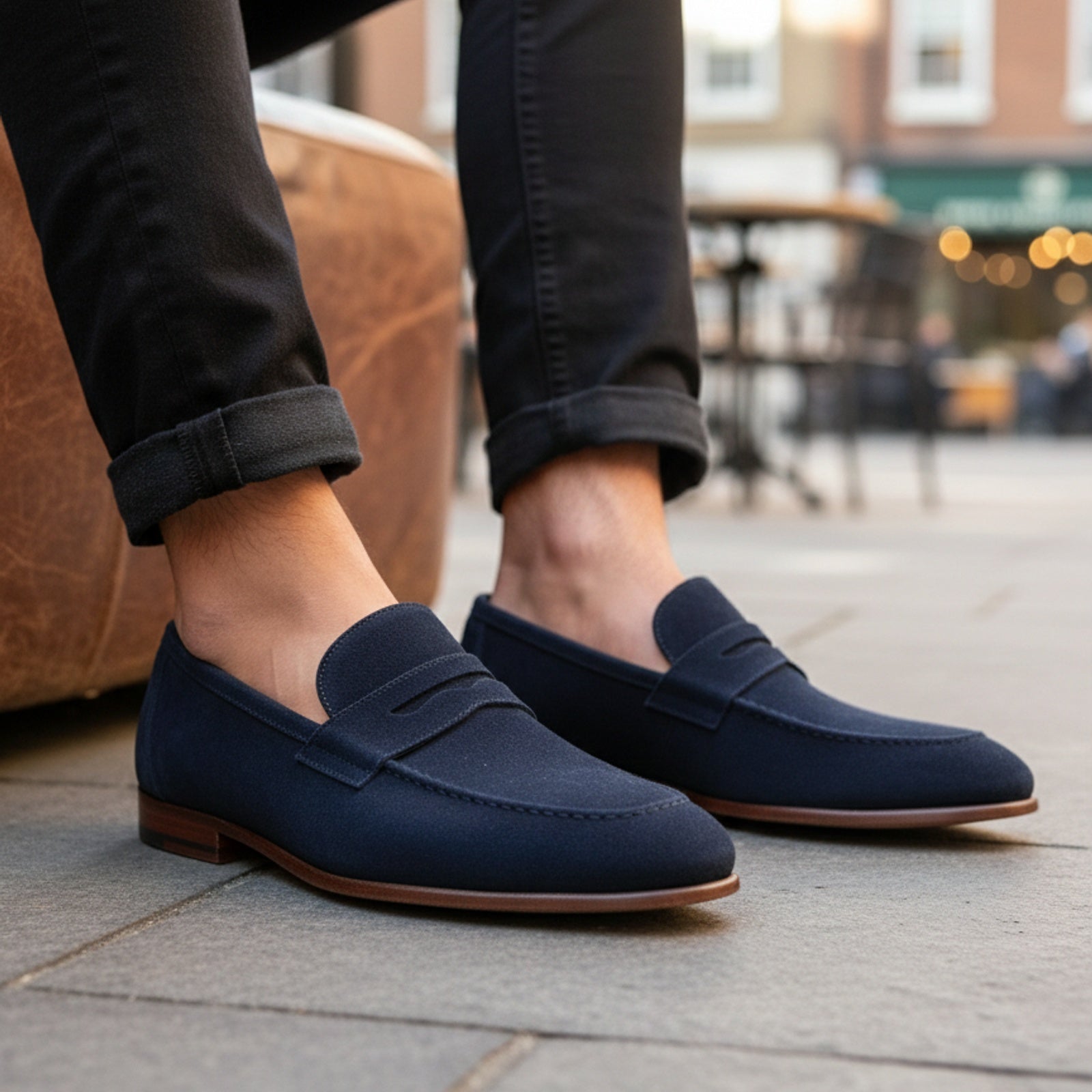 model-sitting-bench - Men's Blue Suede Leather Loafers – Slip-On Design
