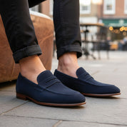 model-sitting-bench - Men's Blue Suede Leather Loafers – Slip-On Design