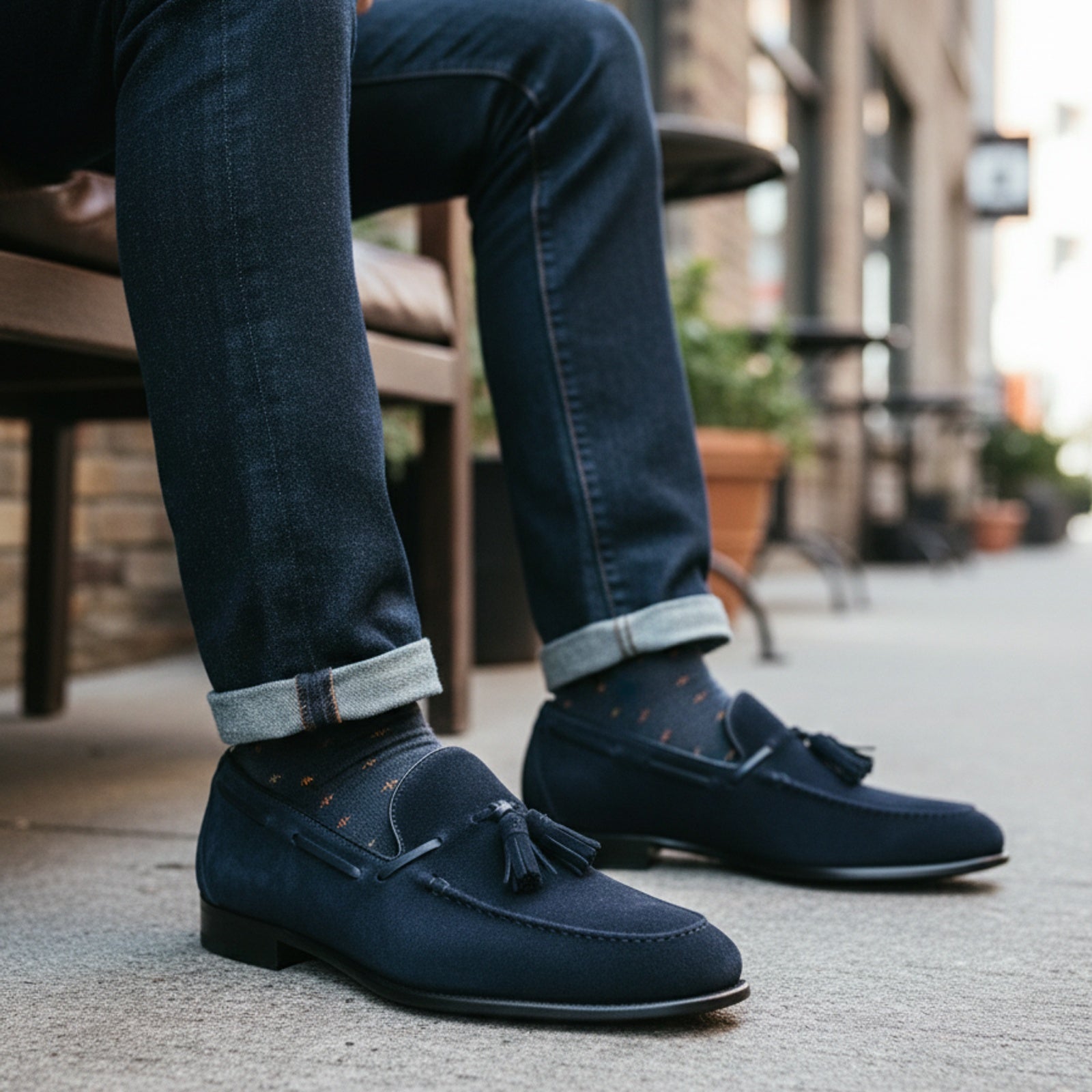 model-sitting-bench - Men's Blue Suede Moccasin Loafers with Tassels