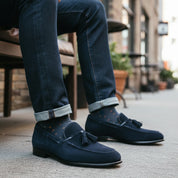 model-sitting-bench - Men's Blue Suede Moccasin Loafers with Tassels